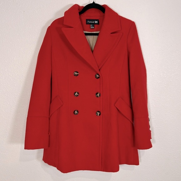 Classic Red Faux Wool Oversized Button Down Collared Pea Coat / Med Length/ Sz M - Picture 1 of 9